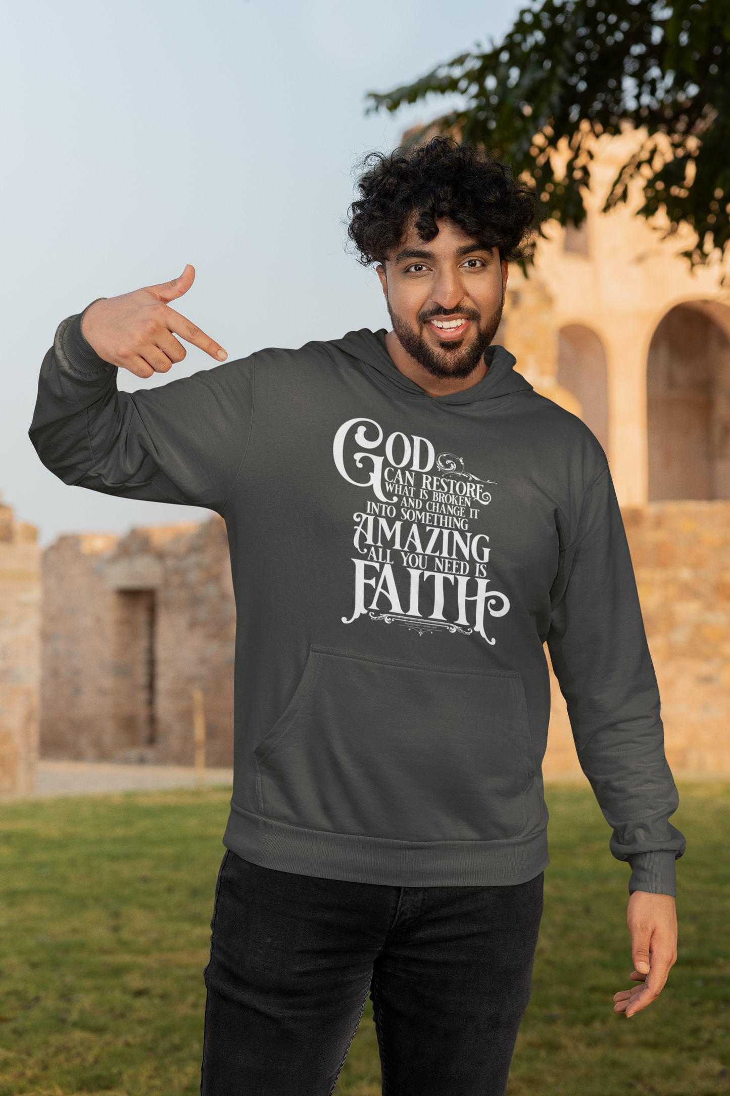 God Restores with Faith White Text Unisex Hoodie